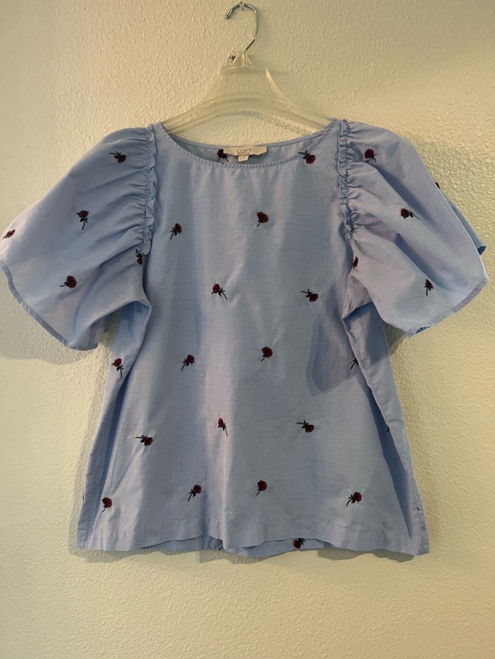LOFT Pale Blue Puff Sleeve Blouse with Red Rose Embroidery
